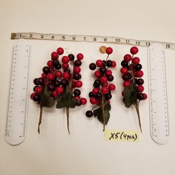 4 pcs High Gloss Red & Brown Berries Christmas Thanksgiving Ornaments Bunches - Picture 5 of 7